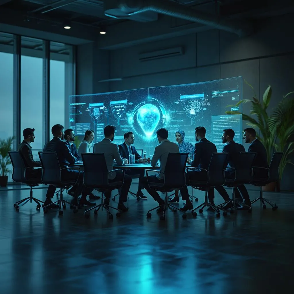 Equipo de consultores colaborando en un entorno moderno y minimalista
